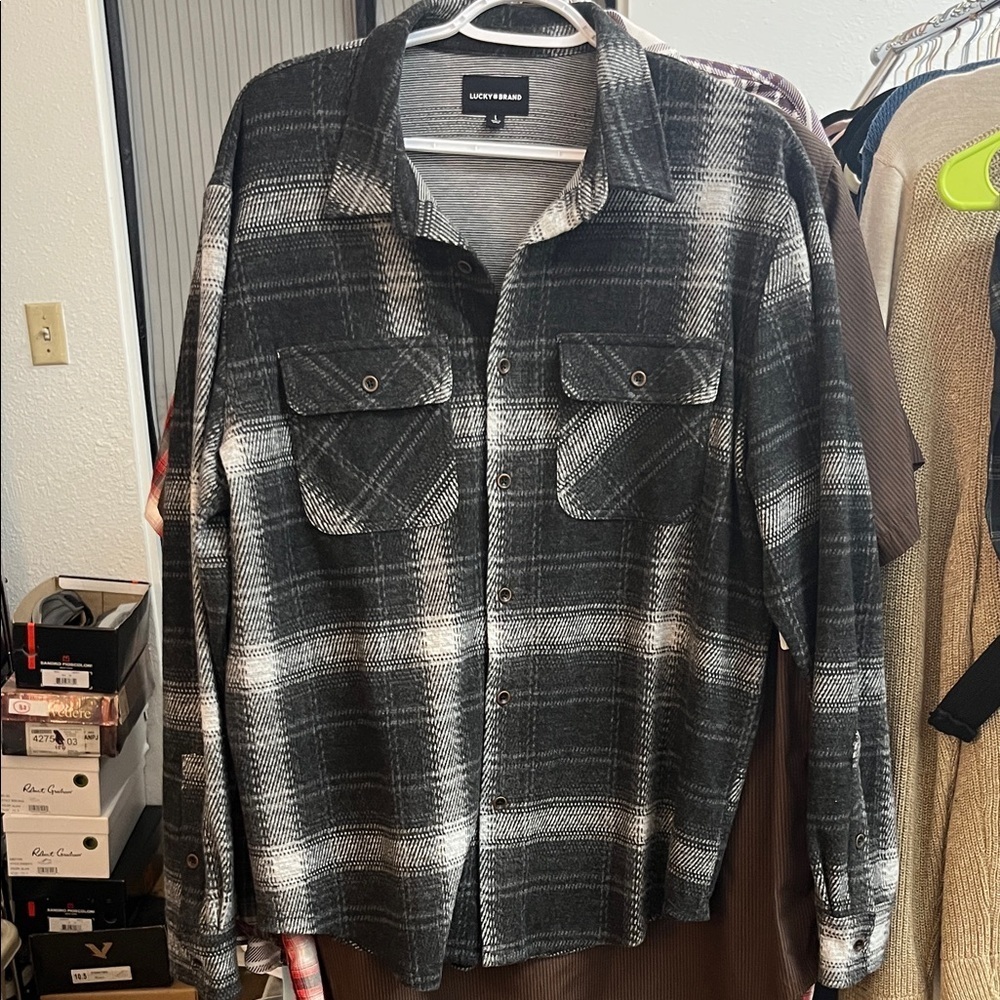 Lucky Brand Black and White Plaid Casual Button Down Flannel Shirt - Picture 1 of 5